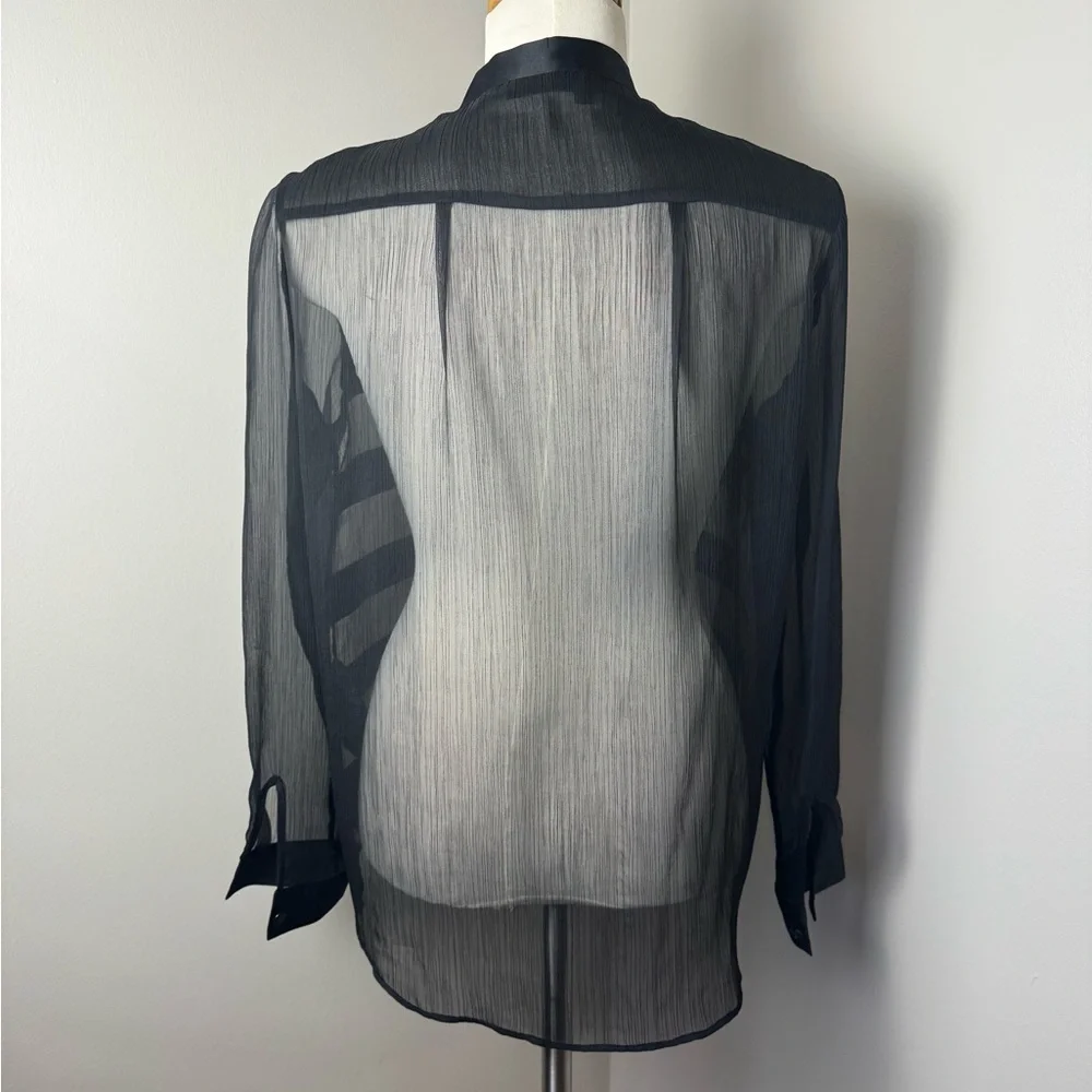 THE KOOPLES Sheer Button Front Striped Shirt w/ Accent Tie Collar BLACK / LARGE - Picture 7 of 15